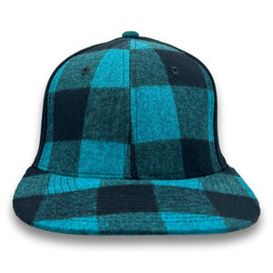Plaid Teal Baseball Cap Flat Bill One Size Flex Fitting Spandex Lumberjack Hat